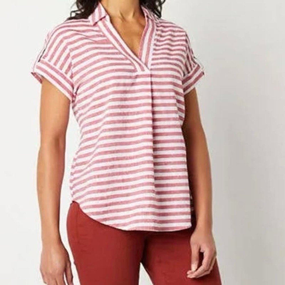 Liz Claiborne Linen Womens V Neck Short Sleeve Blouse Size Large